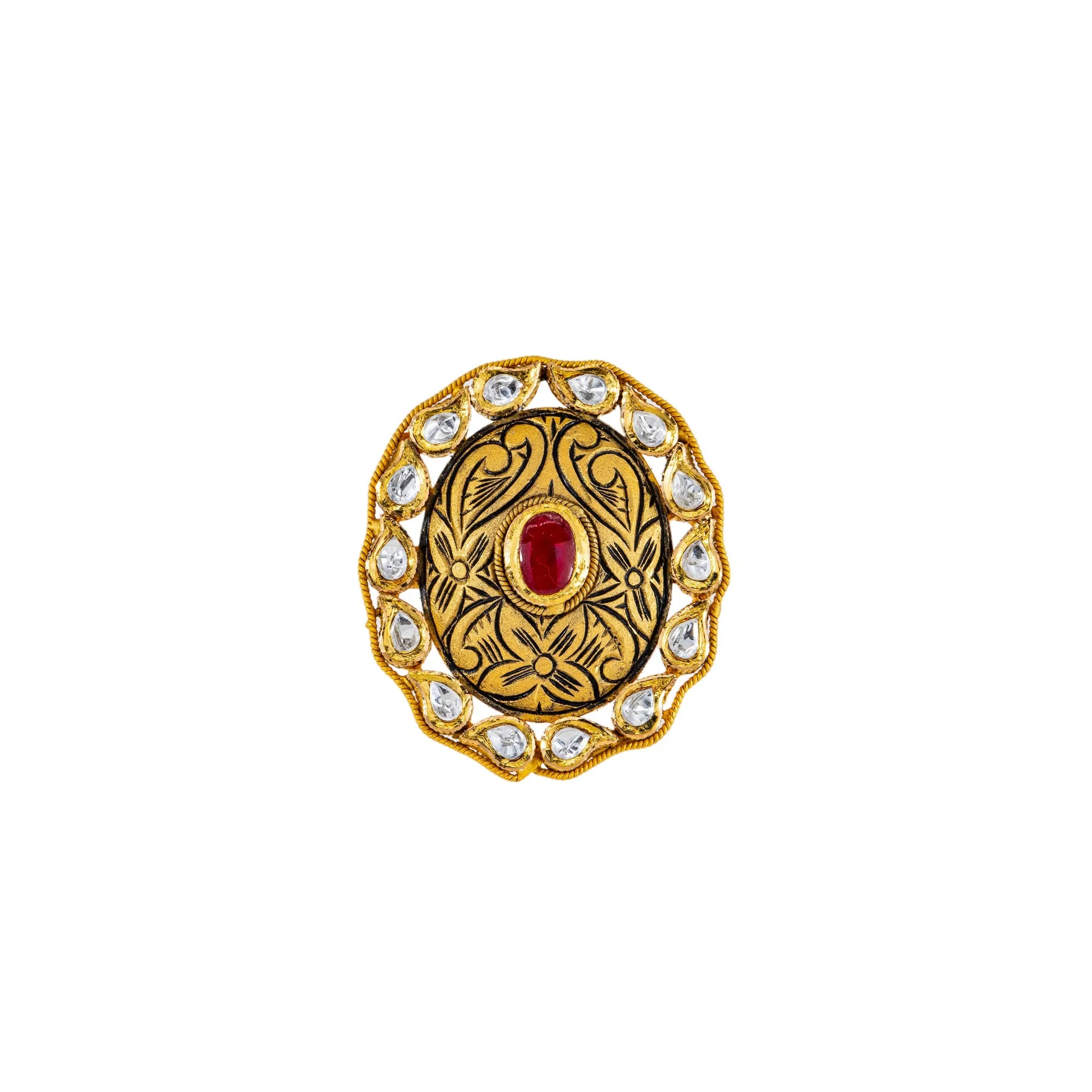 22K Antique Gold, Kundan & Ruby Cocktail Ring (11.6gm)