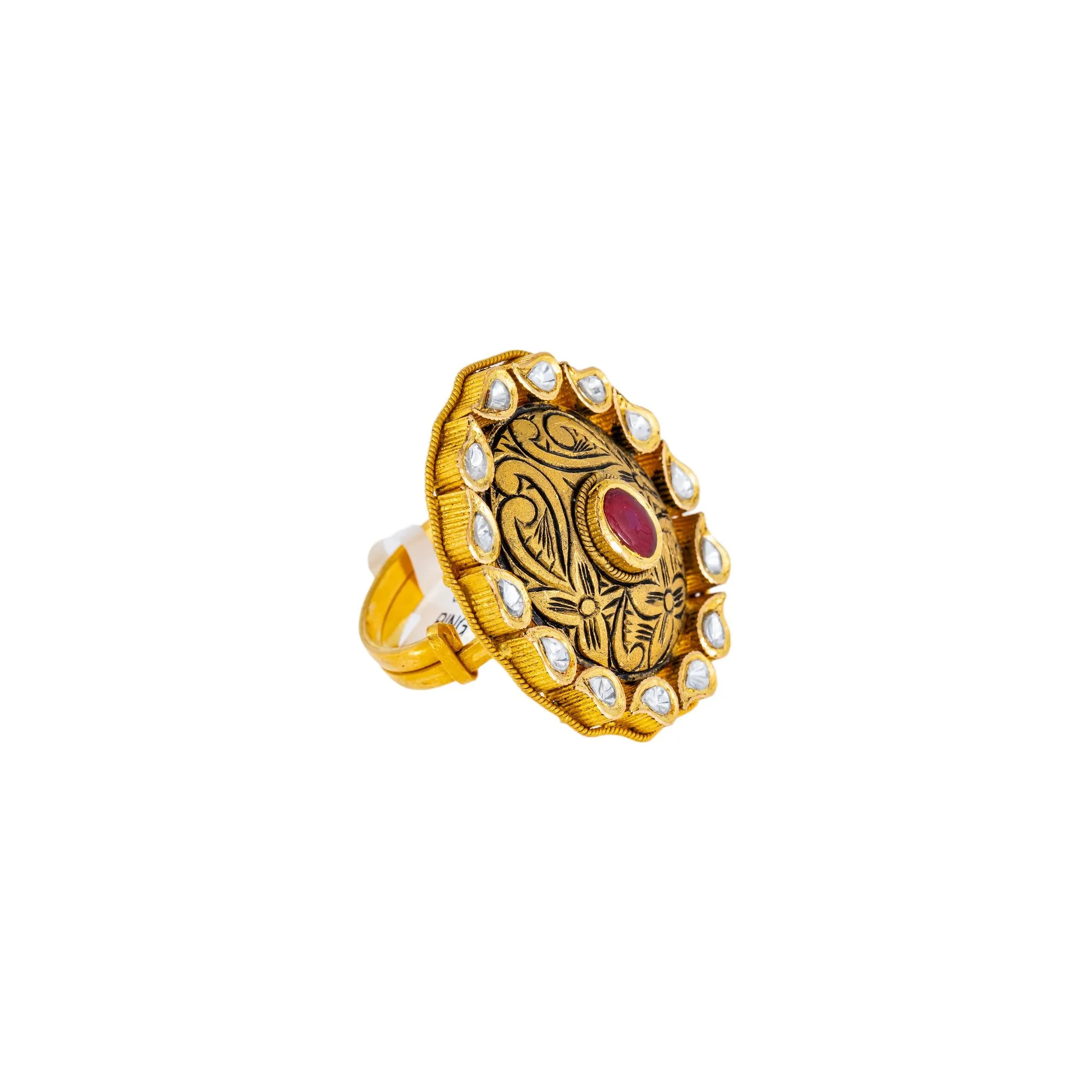 22K Antique Gold, Kundan & Ruby Cocktail Ring (11.6gm)