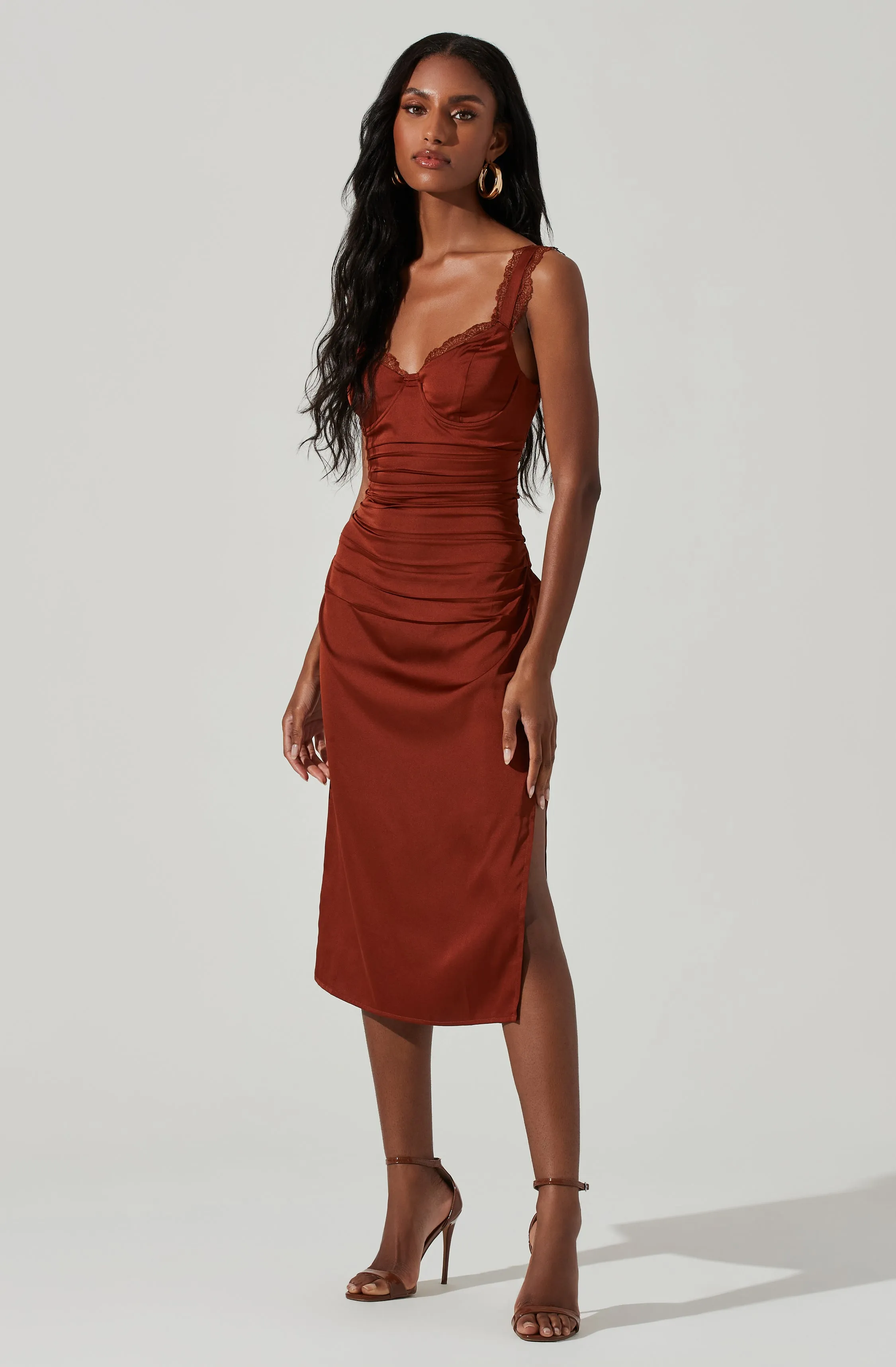 Alva Ruched Lace Trim Midi Dress