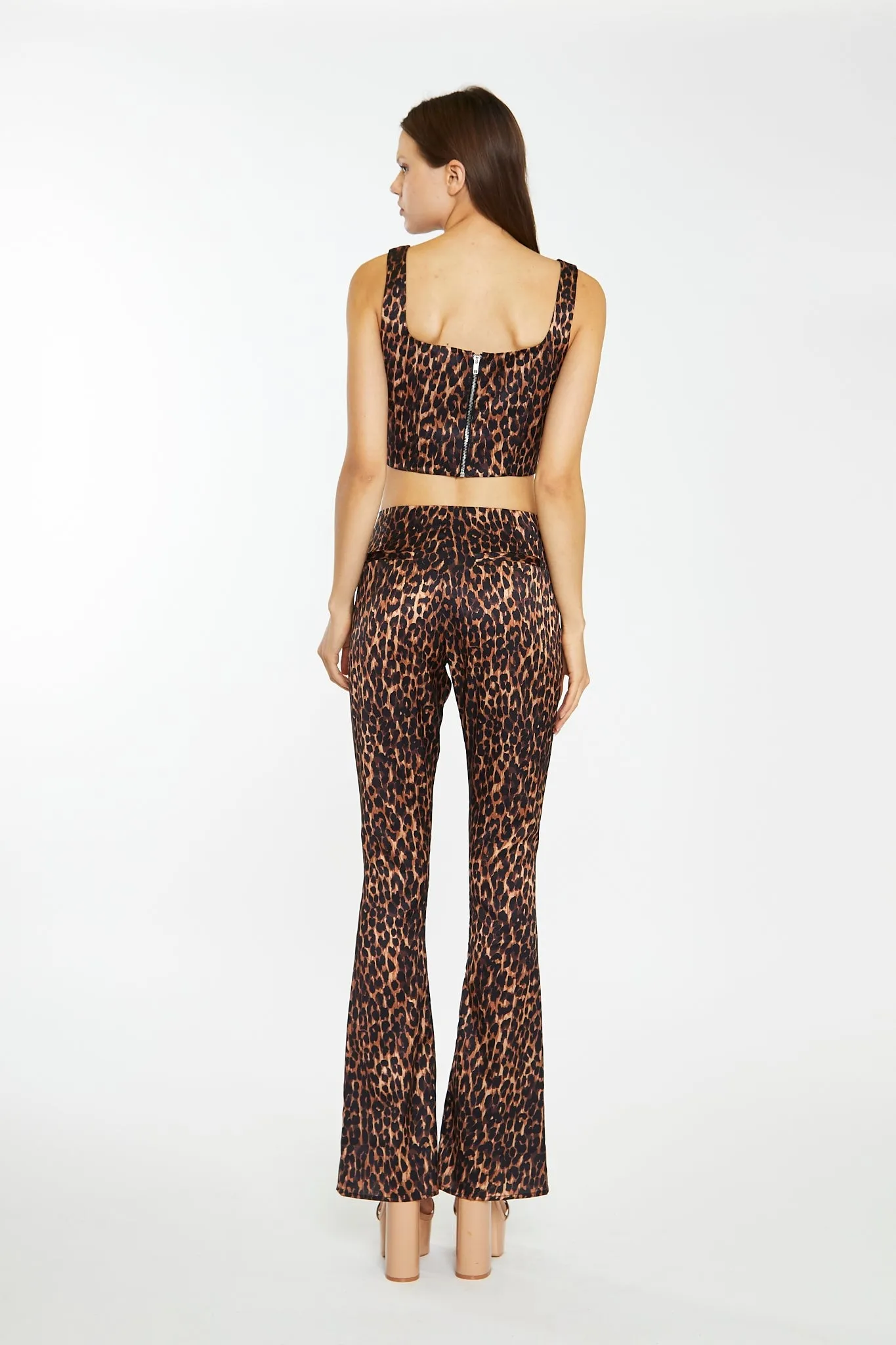 Brown-Leopard Split-Front Flared Trousers