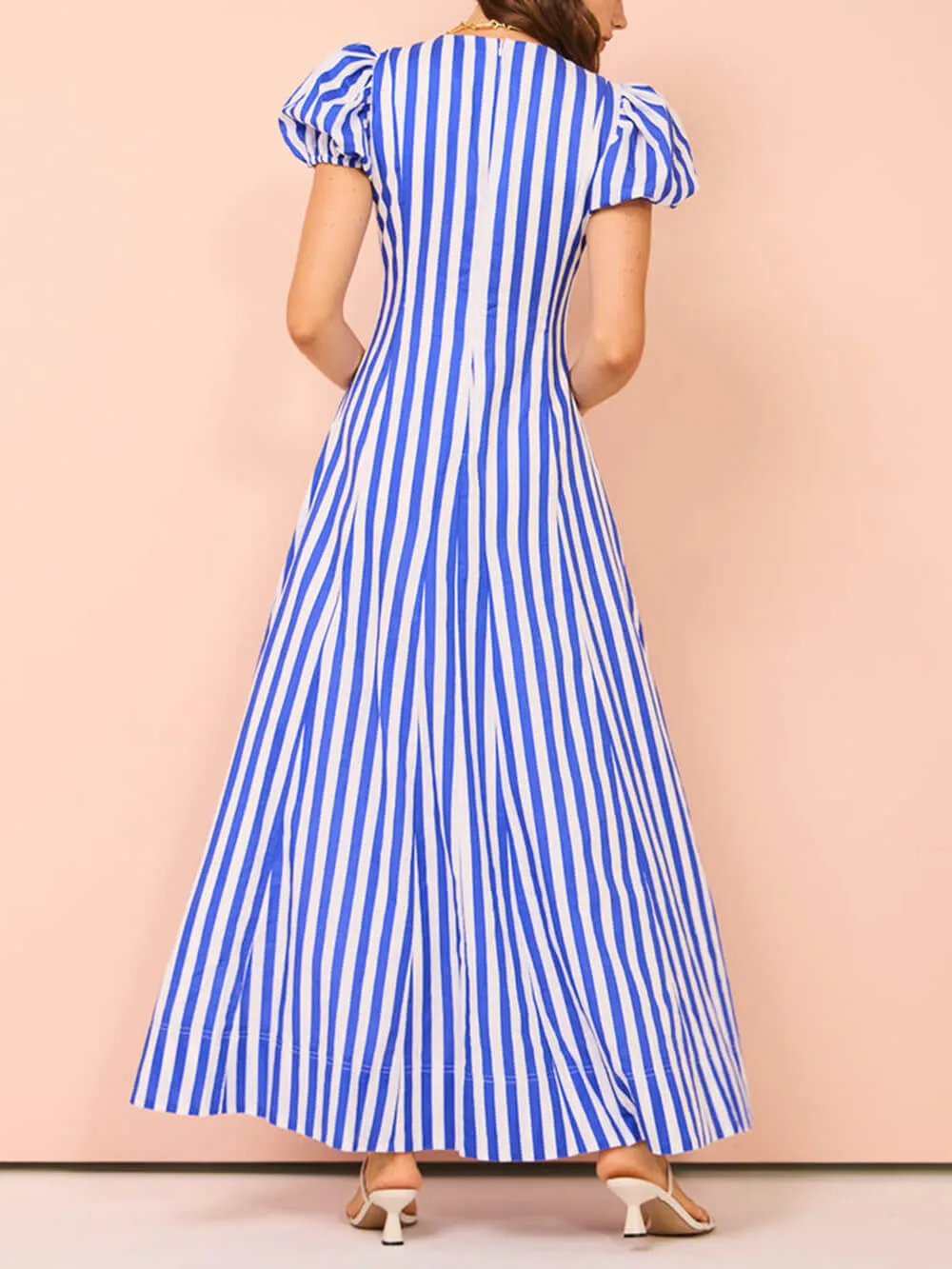 Bubble Sleeve In Charming Stripe Wavy Maxi Dress