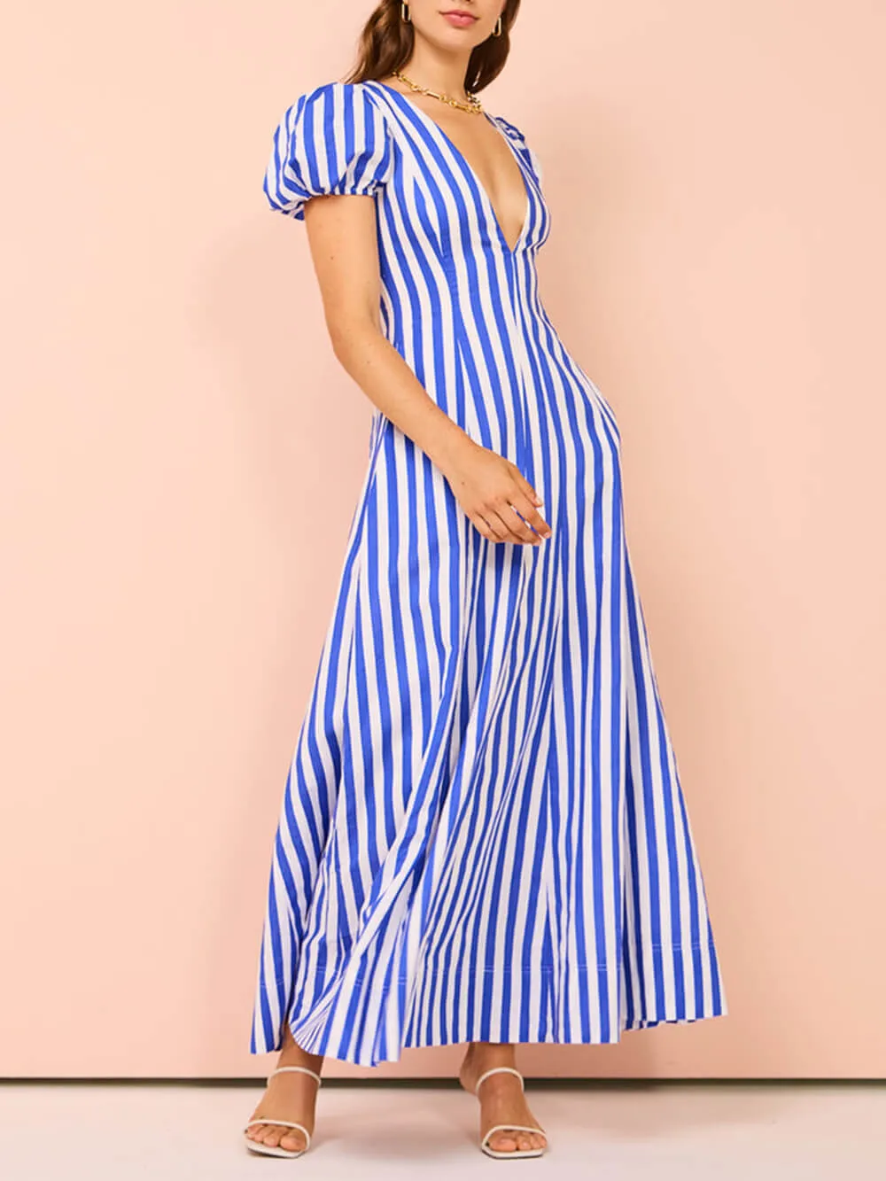 Bubble Sleeve In Charming Stripe Wavy Maxi Dress