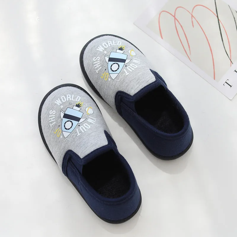 DEANWANGKT Cartoon Boy Rocket Thick Bottom Indoor Non-Slip Home Covered Heel Slippers Children's Cotton Cloth Pumps Foot Changing Floor Slippers