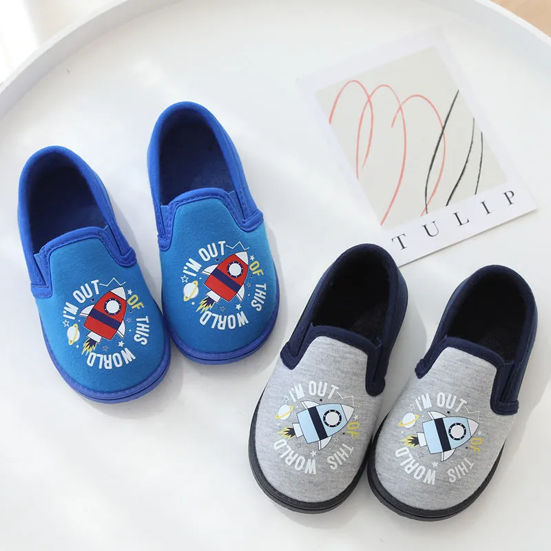 DEANWANGKT Cartoon Boy Rocket Thick Bottom Indoor Non-Slip Home Covered Heel Slippers Children's Cotton Cloth Pumps Foot Changing Floor Slippers