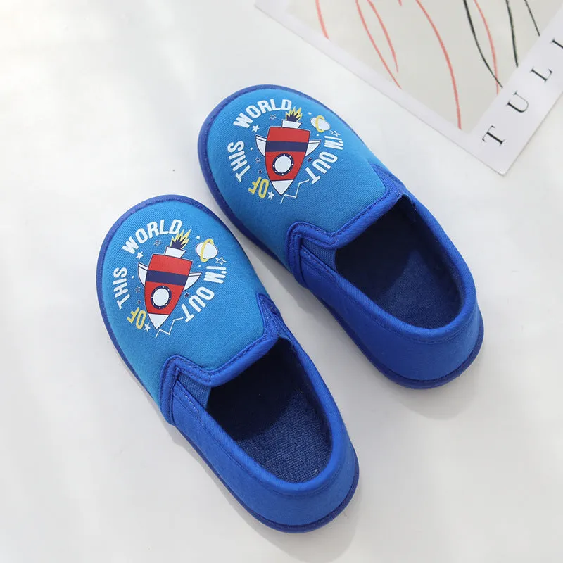 DEANWANGKT Cartoon Boy Rocket Thick Bottom Indoor Non-Slip Home Covered Heel Slippers Children's Cotton Cloth Pumps Foot Changing Floor Slippers