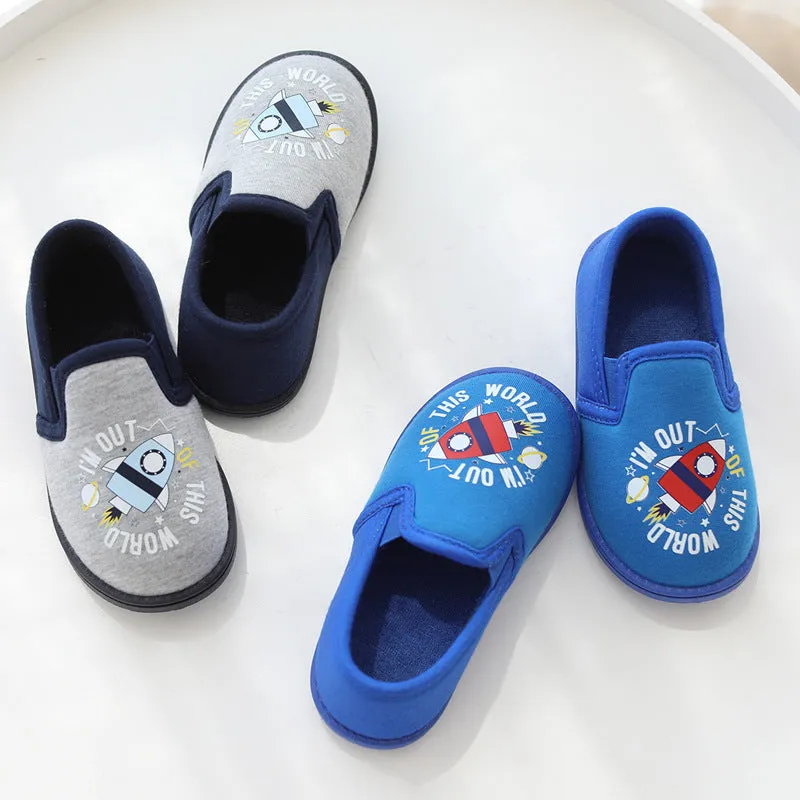 DEANWANGKT Cartoon Boy Rocket Thick Bottom Indoor Non-Slip Home Covered Heel Slippers Children's Cotton Cloth Pumps Foot Changing Floor Slippers