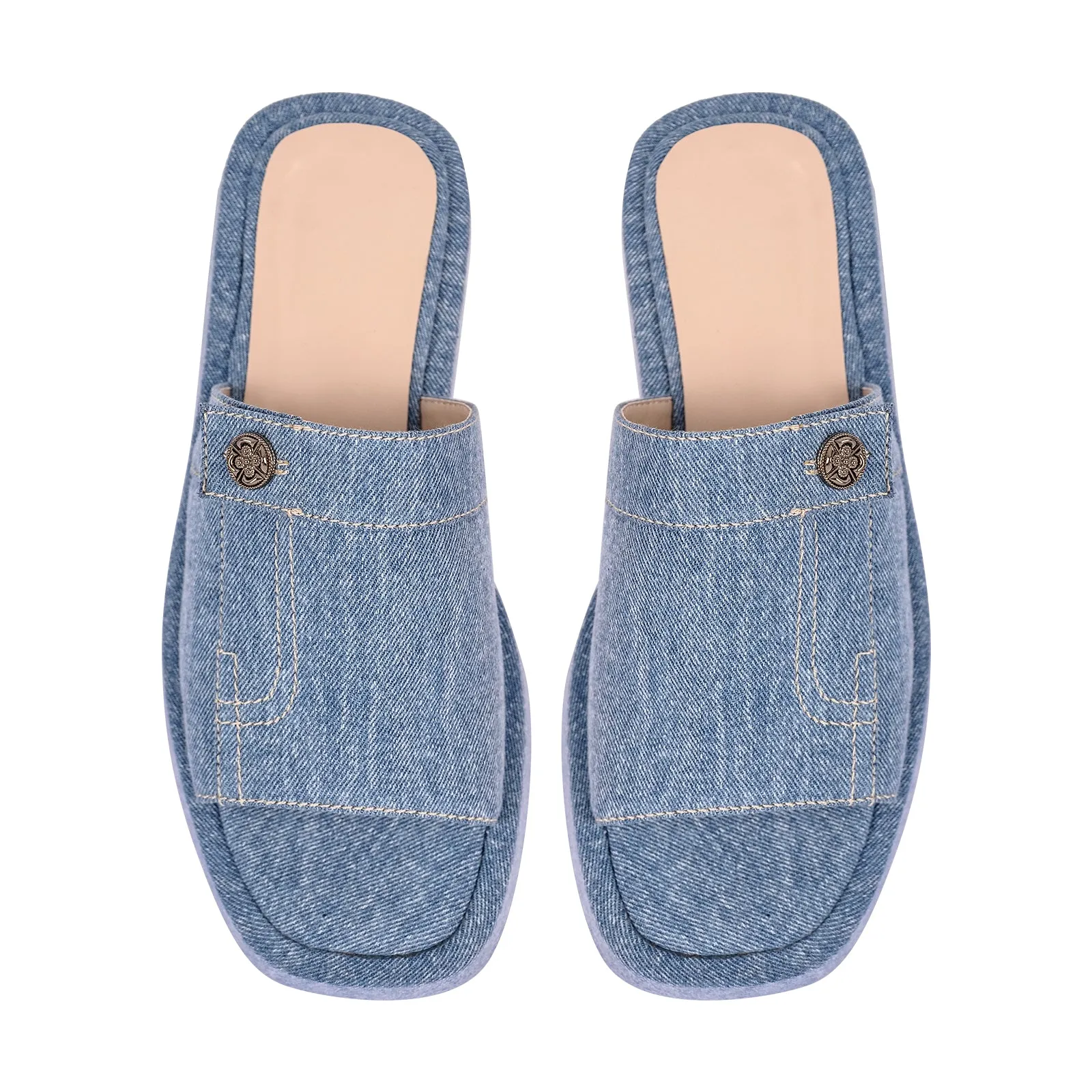 Denim Platform Square Toe Flats Slippers