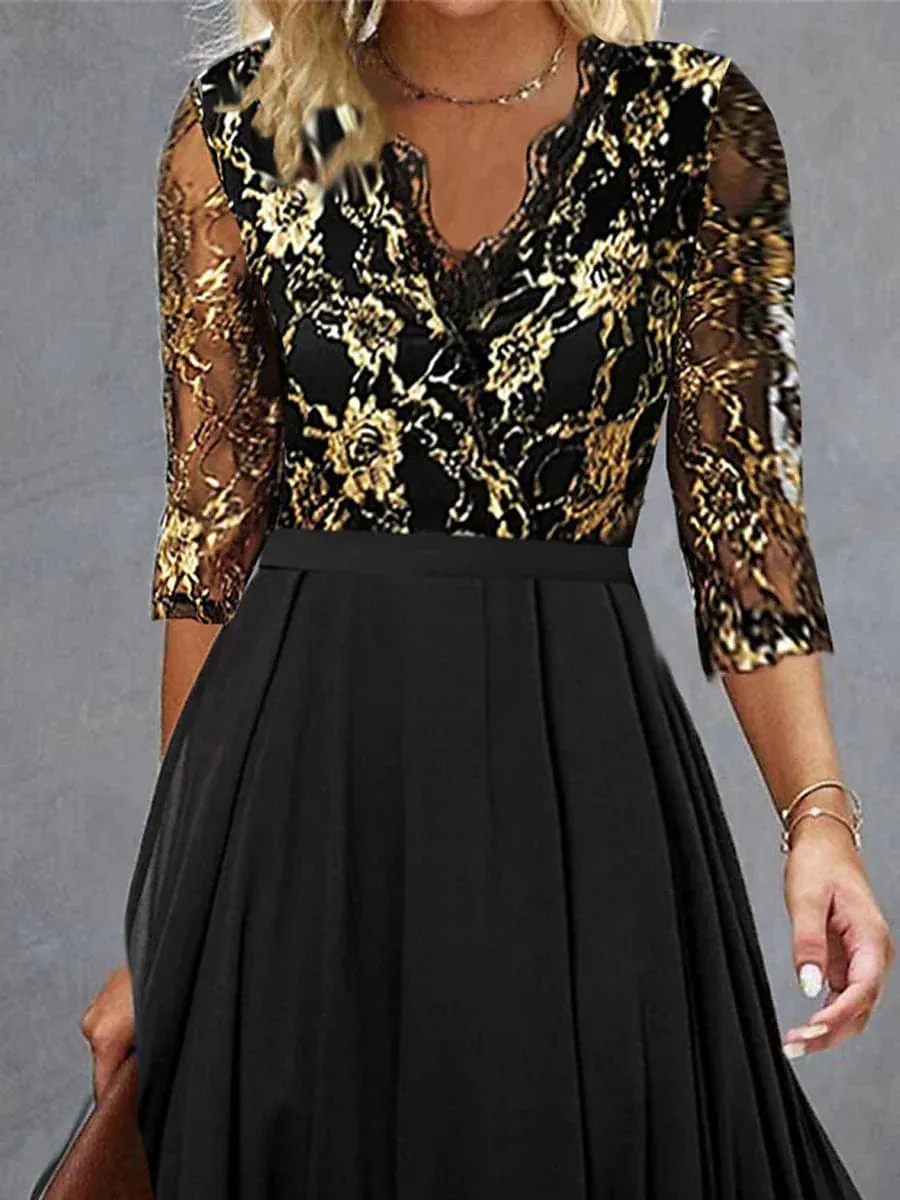 Elegant Black Lace Midi Cocktail Dress