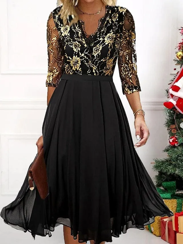 Elegant Black Lace Midi Cocktail Dress