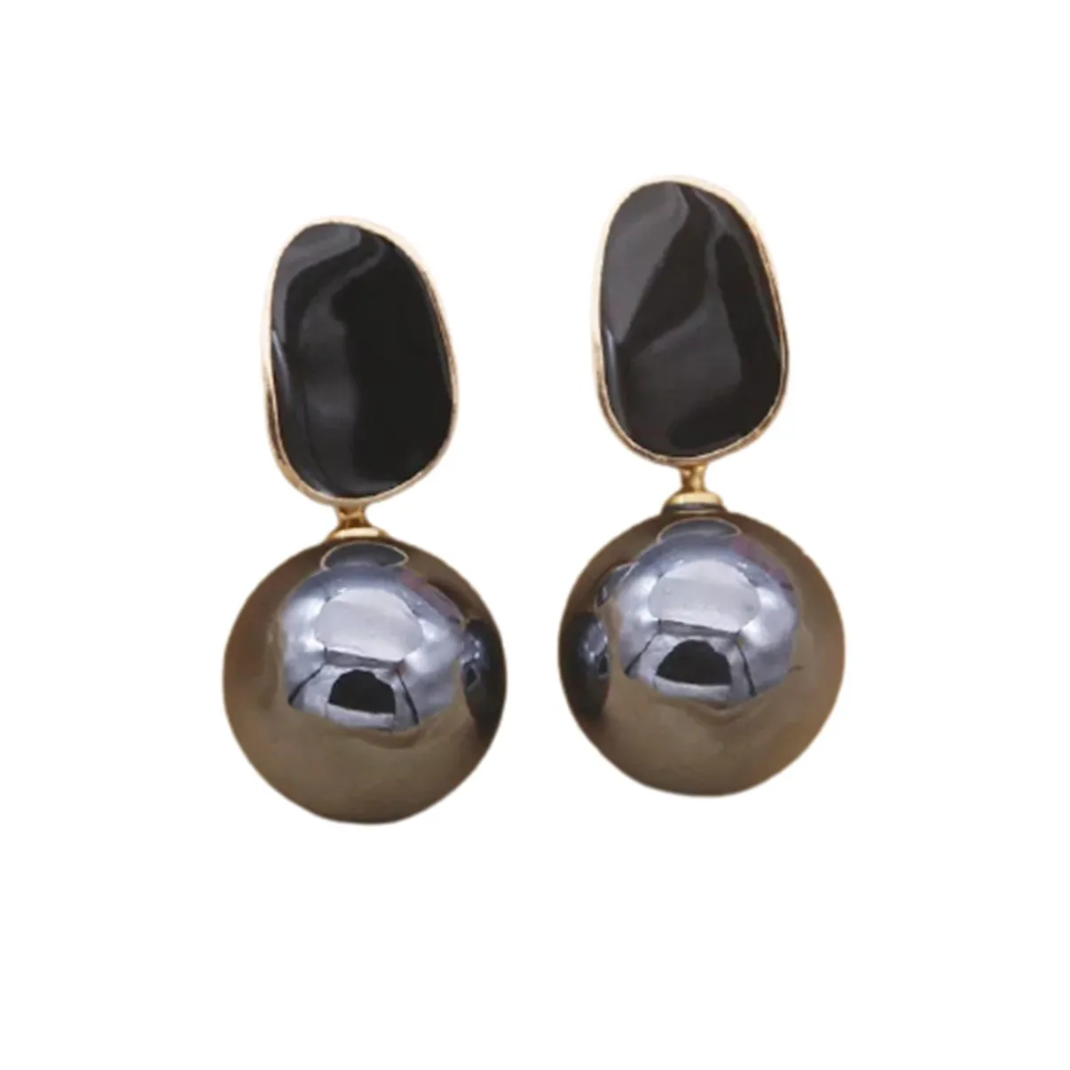 Geometric Black Pearl Shiny Drop Stud Earrings