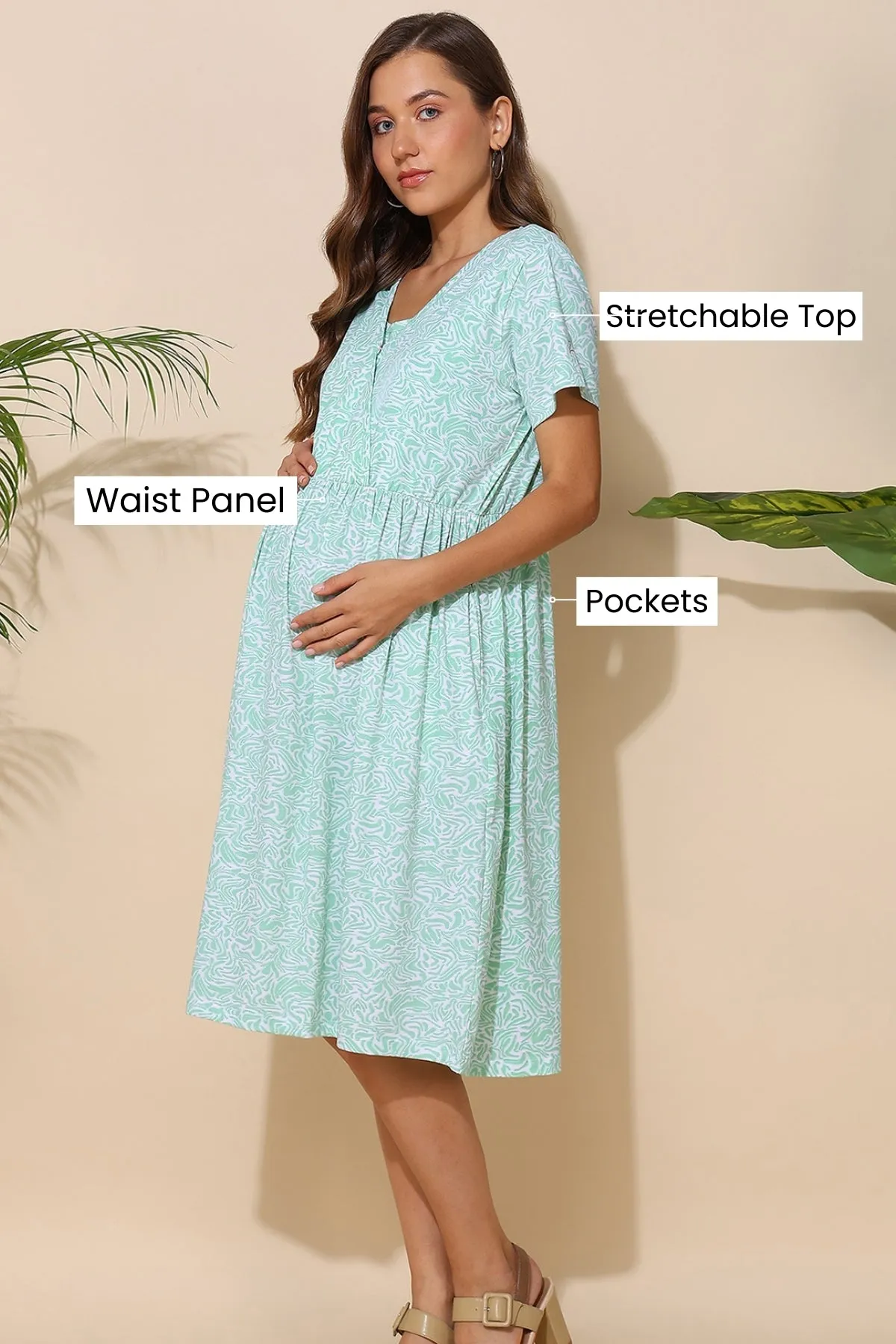 Green All Over Printed 100% Soft Cotton Zipless Maternity Feeding Dress