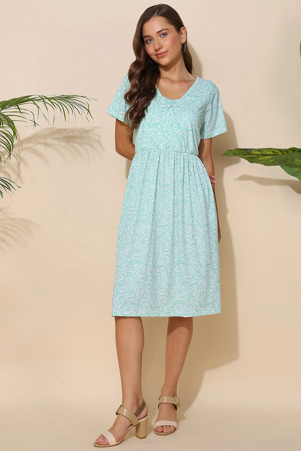 Green All Over Printed 100% Soft Cotton Zipless Maternity Feeding Dress