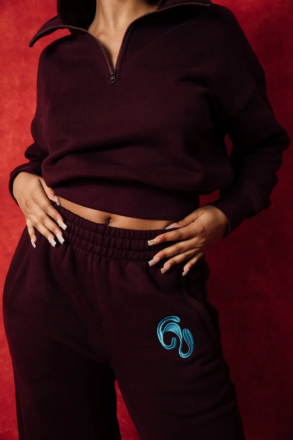 Kaia Logo Embroidered Cotton Wide Leg Sweatpants - Burgundy