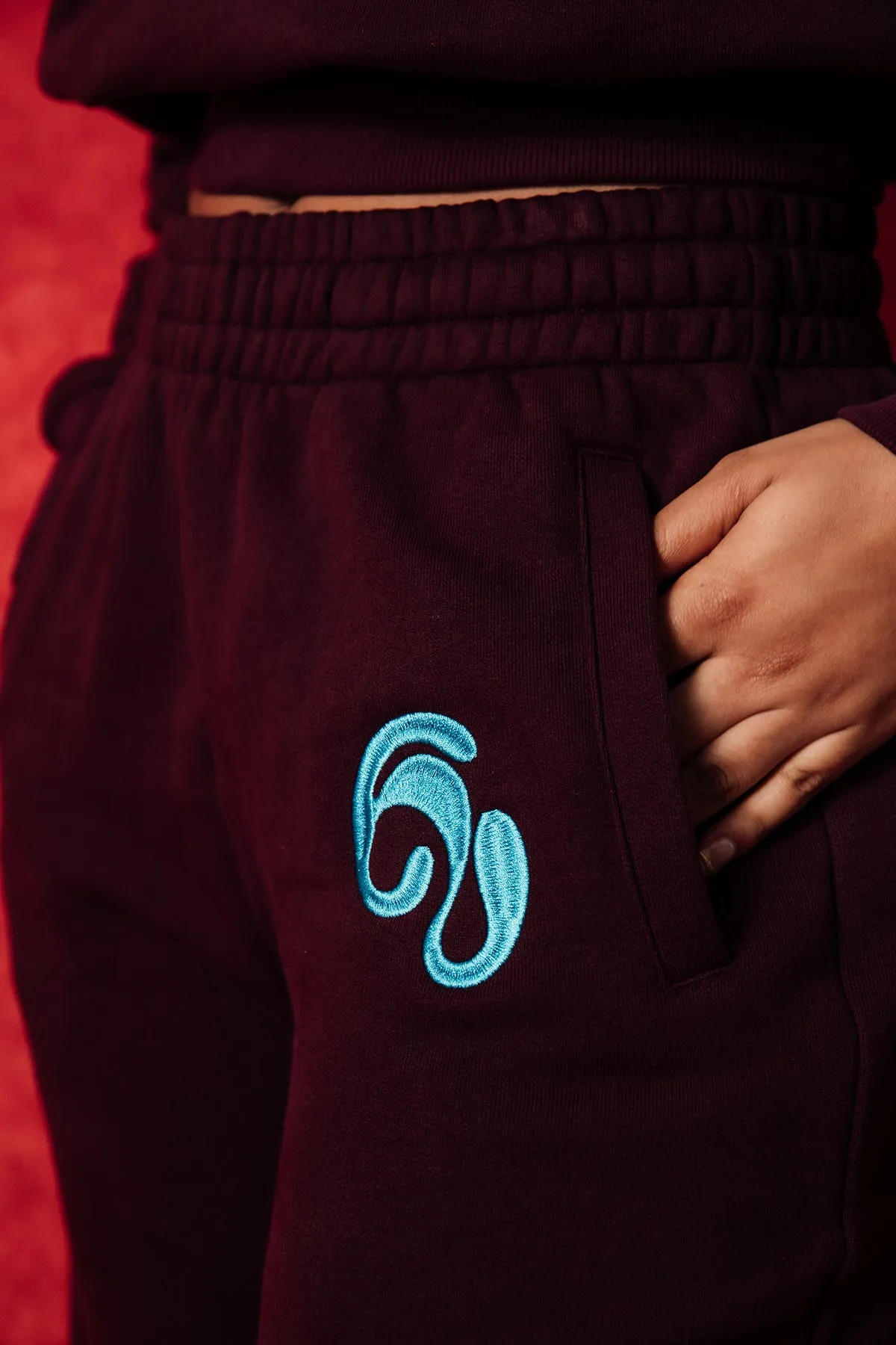 Kaia Logo Embroidered Cotton Wide Leg Sweatpants - Burgundy