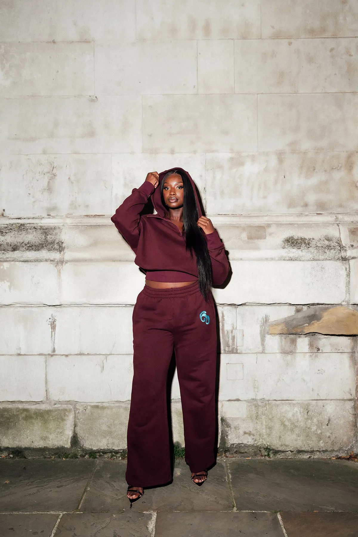 Kaia Logo Embroidered Cotton Wide Leg Sweatpants - Burgundy