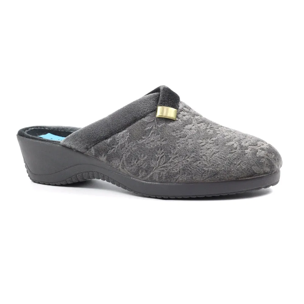 Ladies Bedroom Slippers Mule Wedge Heel Slip on Grey Lunar Amaretto