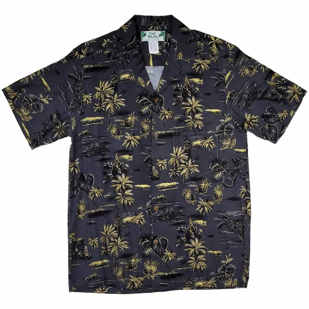 Old Hawaiian Retro Print with Pineapple and Palm Tree Shirt- Brown