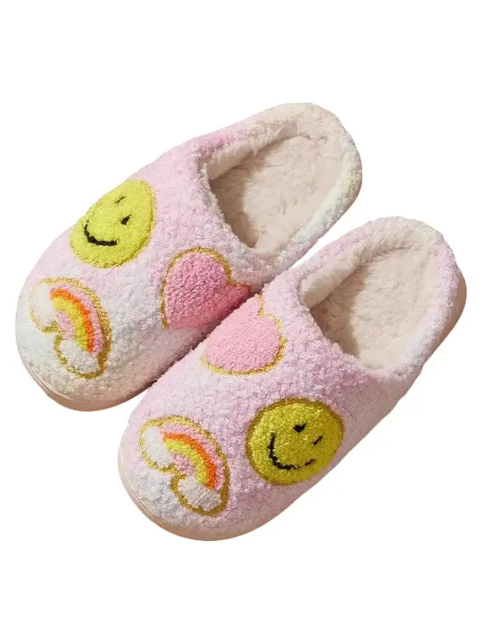 Pastel Rainbow Smiley Fuzzy Slippers- Girls