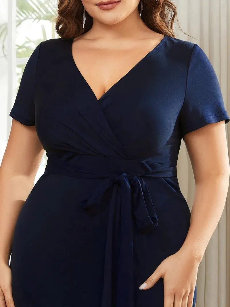 Plus Size Deep V Neck Short Sleeve Cocktail Dresses With Belt