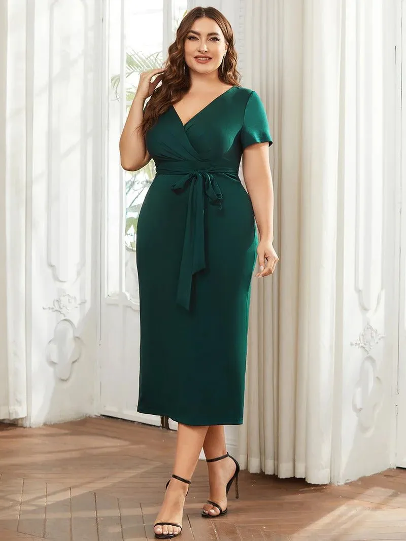 Plus Size Deep V Neck Short Sleeve Cocktail Dresses With Belt