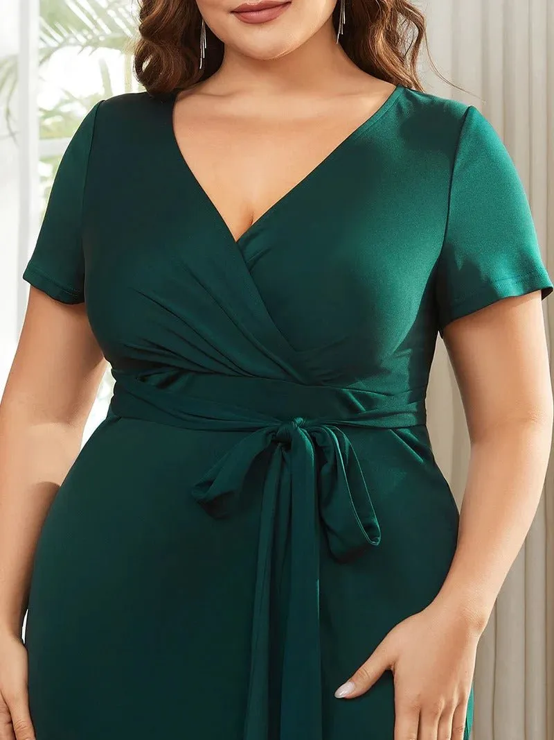 Plus Size Deep V Neck Short Sleeve Cocktail Dresses With Belt