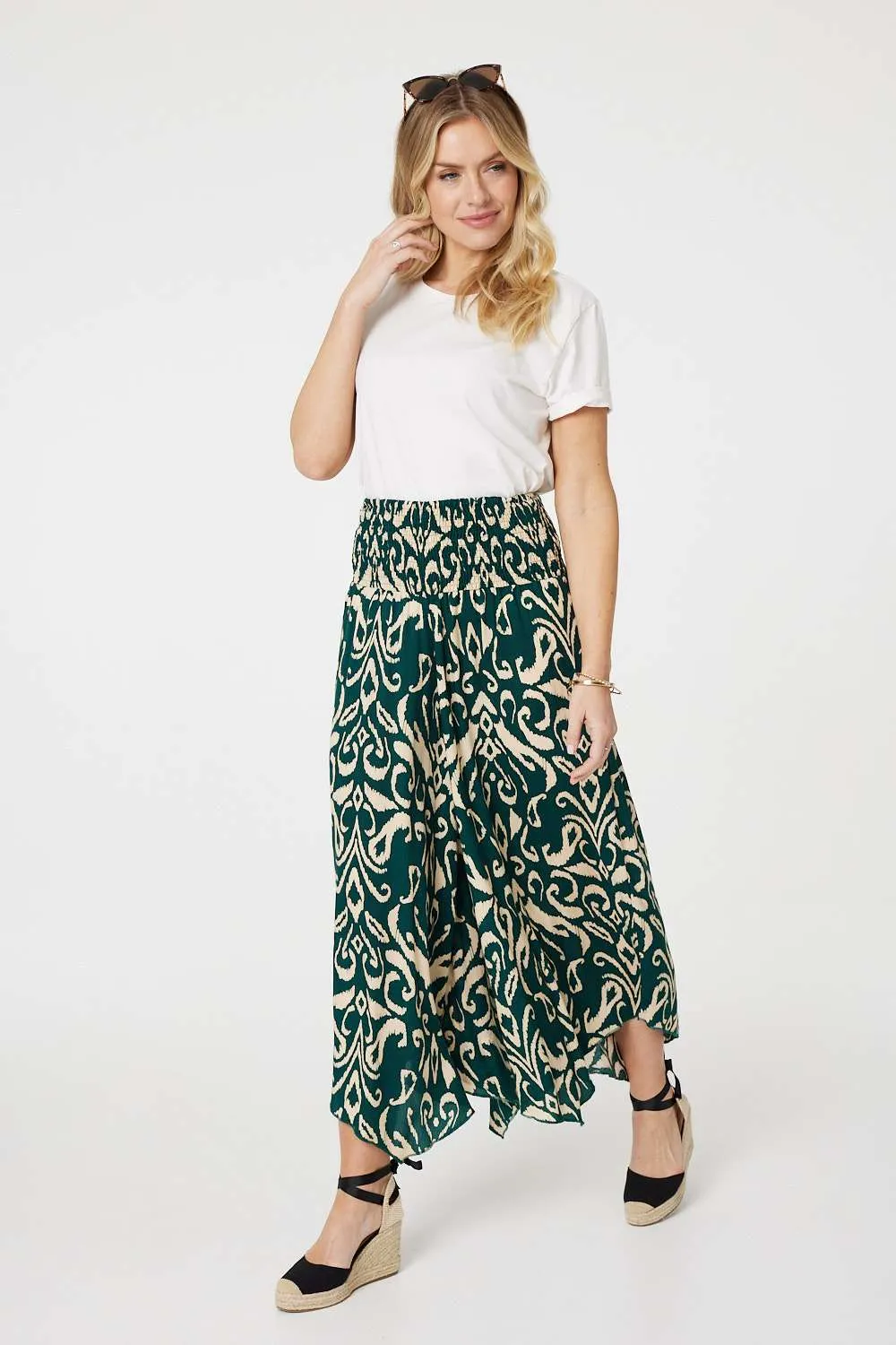 Printed Shirred Waist Wide Leg Trousers