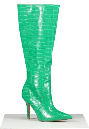 Public Desire Green Croc Print Knee High Heels UK 5 EU 38 👠