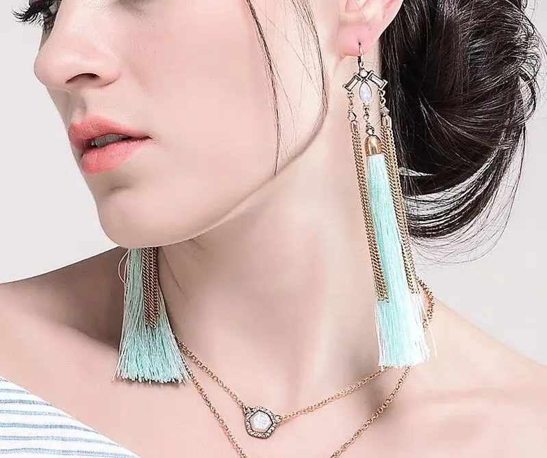 Stylish Teal Blue Tassel Fringe Antique Look Earring