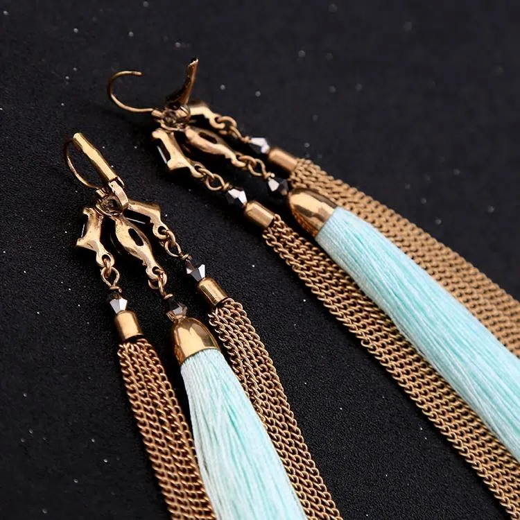 Stylish Teal Blue Tassel Fringe Antique Look Earring