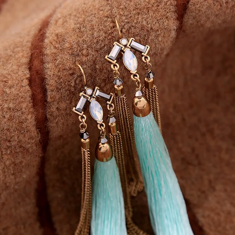 Stylish Teal Blue Tassel Fringe Antique Look Earring