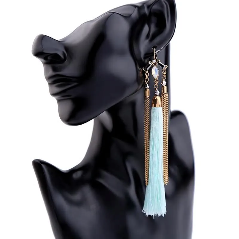 Stylish Teal Blue Tassel Fringe Antique Look Earring