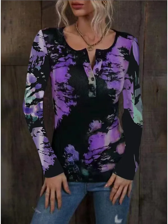 Stylish Women's Tie Dye Henley Shirt with Long Sleeves