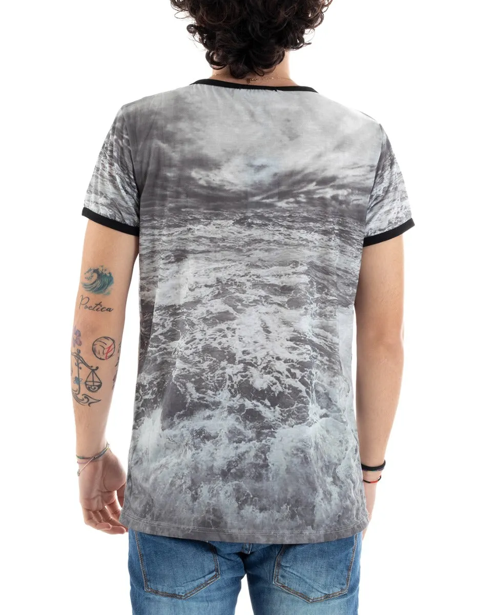 T-Shirt Uomo Mezza Manica Stampa Lettera Mare Grigio Girocollo Righe Slim GIOSAL-TS2799A