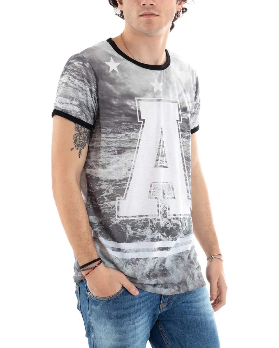 T-Shirt Uomo Mezza Manica Stampa Lettera Mare Grigio Girocollo Righe Slim GIOSAL-TS2799A