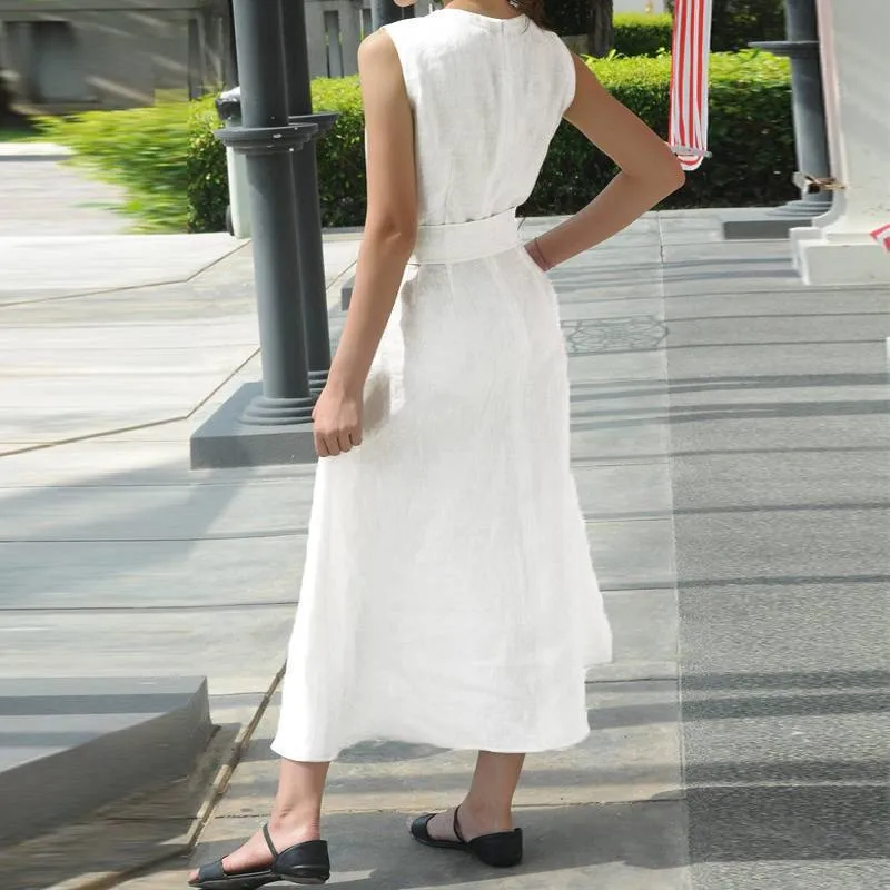 V-neck Waist Belt Cotton Linen Hem Split Sleeveless Dress