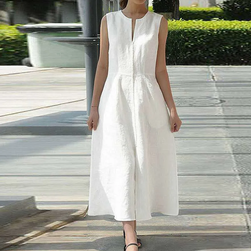 V-neck Waist Belt Cotton Linen Hem Split Sleeveless Dress