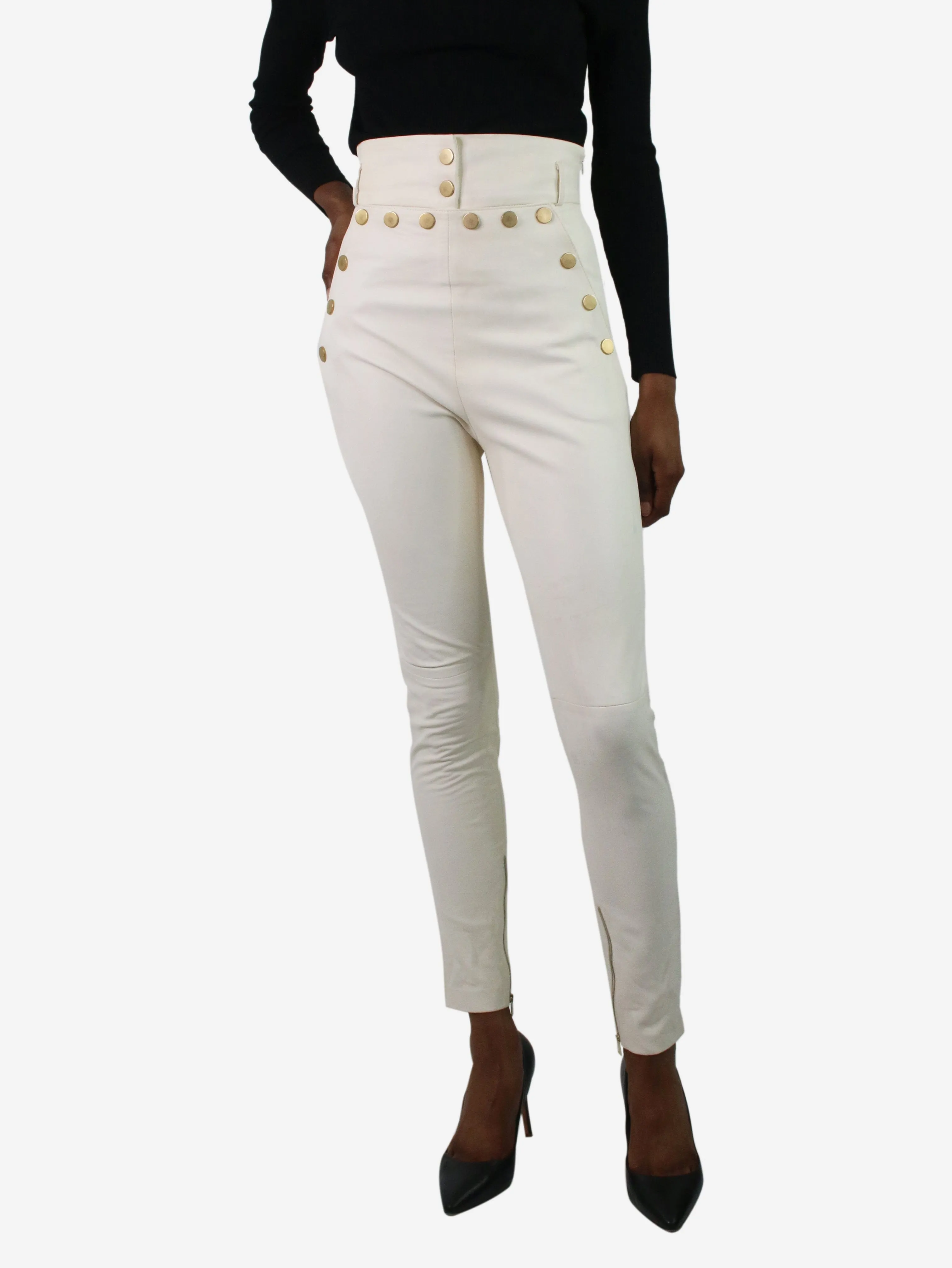 White leather stud-buttoned trousers - size FR 34