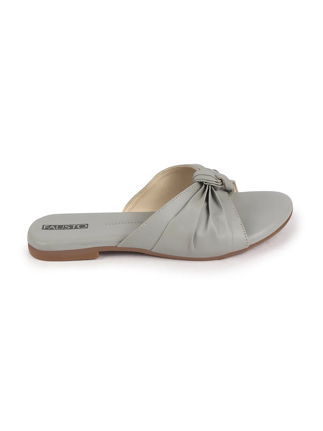 Women Grey Bow Design Open Toe Slip On Flats Slippers