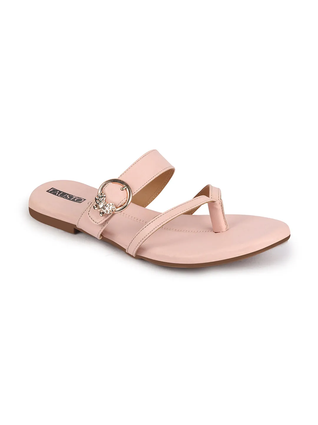 Women Pink Party Chrome Design Buckle Strap Thong Slip On Flats Slipper