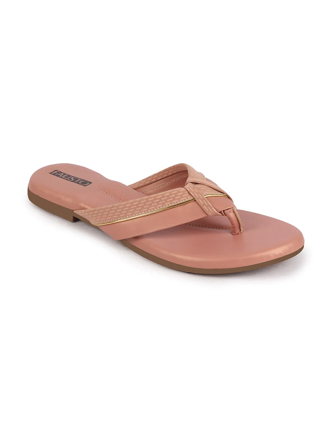 Women Pink T-Strap Thong Slip On Flats Slippers