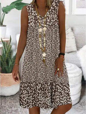 Women's Casual Dress Shift Dress Midi Dress Brown Sleeveless Floral Print Spring Summer V Neck Basic Daily Weekend 2023 S M L XL XXL 3XL