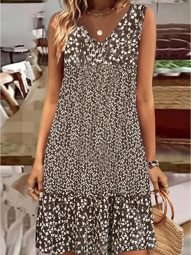 Women's Casual Dress Shift Dress Midi Dress Brown Sleeveless Floral Print Spring Summer V Neck Basic Daily Weekend 2023 S M L XL XXL 3XL