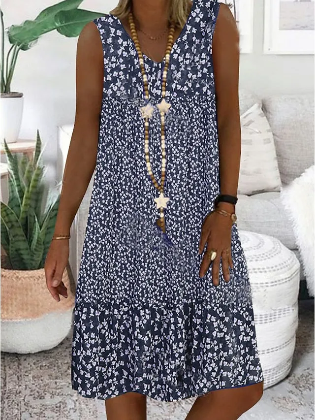 Women's Casual Dress Shift Dress Midi Dress Brown Sleeveless Floral Print Spring Summer V Neck Basic Daily Weekend 2023 S M L XL XXL 3XL