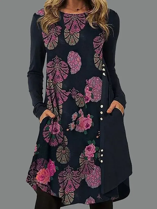 Women's Casual Dress T Shirt Dress Tee Dress Ethnic Dress Mini Dress Black Light Green Pink Long Sleeve Floral Pocket Winter Fall Spring Crew Neck Basic Winter Dress Daily Vacation 2023 S M L XL XXL