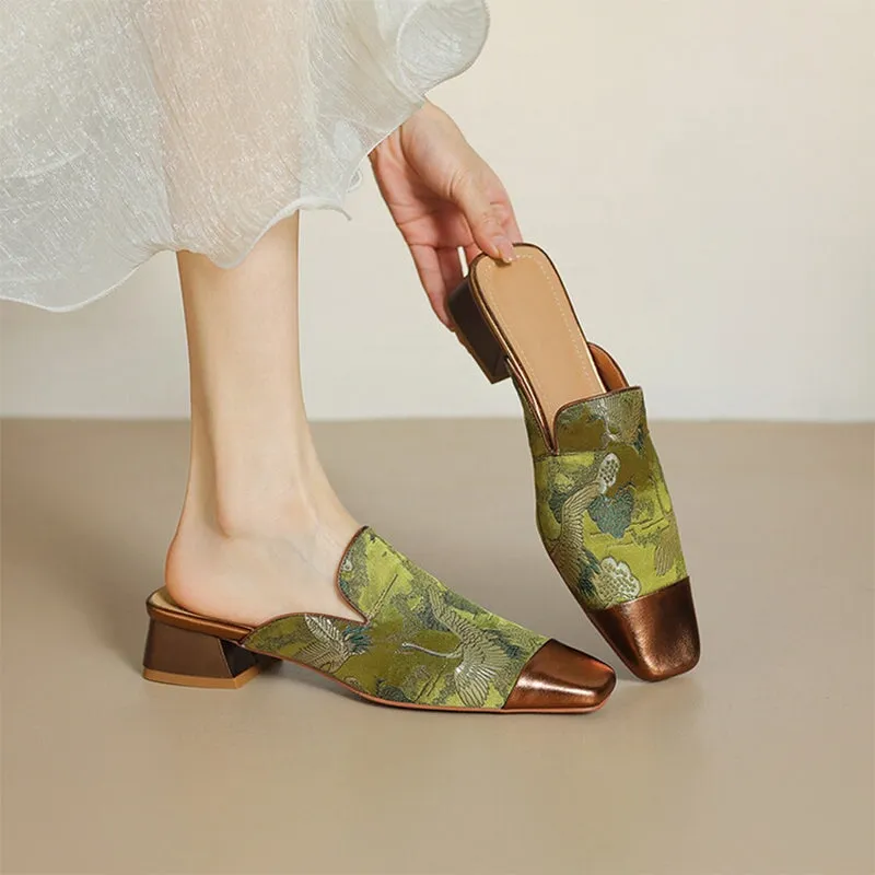 Women's Slippers Sheepskin Satin Patchwork Square Toe Mule Shoes In Golden/Green