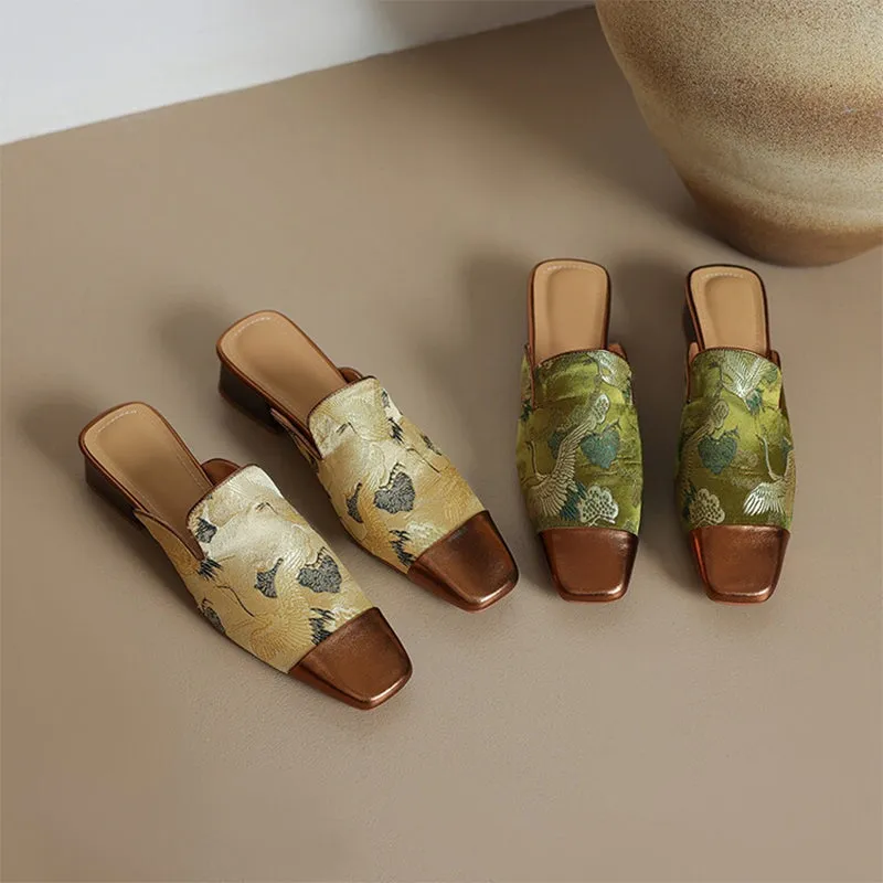 Women's Slippers Sheepskin Satin Patchwork Square Toe Mule Shoes In Golden/Green